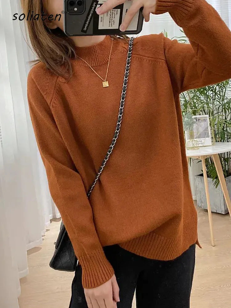 Women Mock Neck Pullovers Sweater High Quality Oversized Jumper Split Fall Winter Clothes Beige Purple Green 8 Colors  C-114 1