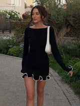 Autumn New Knitted Mini Dress For Women Fungus Contrast Color Slim Sweater Dress Elegant Female Party Clothes Long Sleeve 2