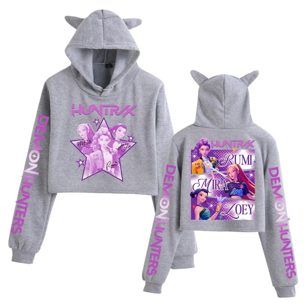 Kpop Demon Hunters Fanmerch Mira Rumi Zoey Huntrix Crop Tops Cat Ears Sweatshirt Long Sleeve Girls Fashion Hoodie 4