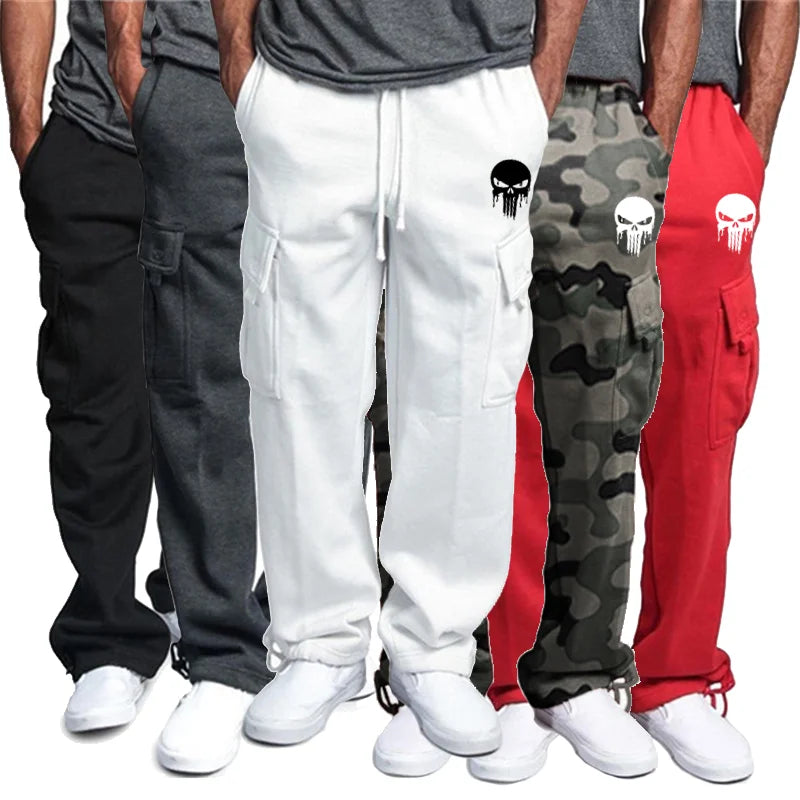 New casual men's fitness drawstring elastic waist solid color workwear pocket pants