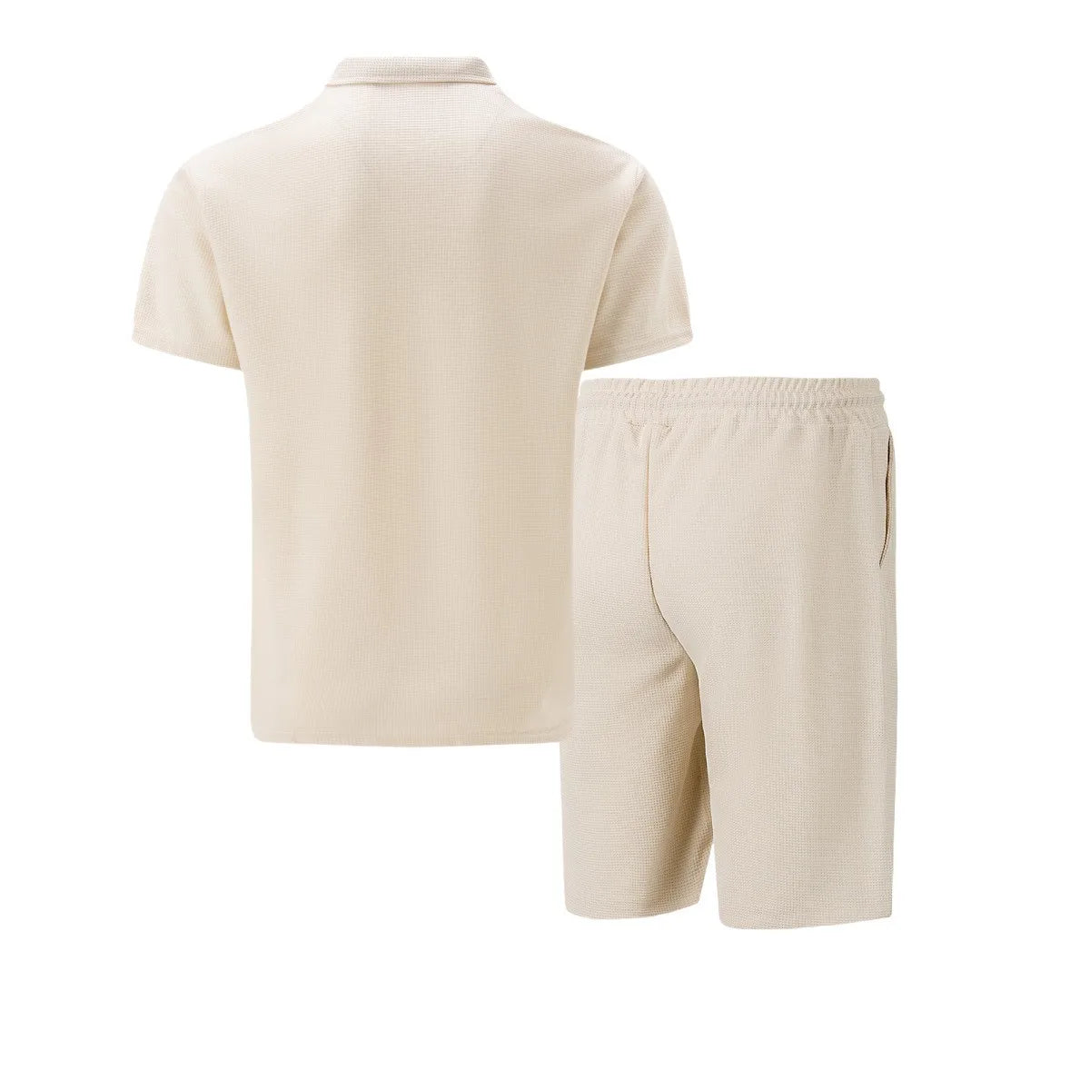 2025 Men Europe and the United States new summer Waffle solid color zip-up lapel short-sleeve suit shorts two sets 3