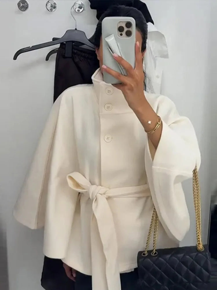Elegant Fleece Women's Coats Solid Stand Long Sleeve Belted Lace-Up Button Jackets 2025 Autumn Winter Outerwear Female Tops 6