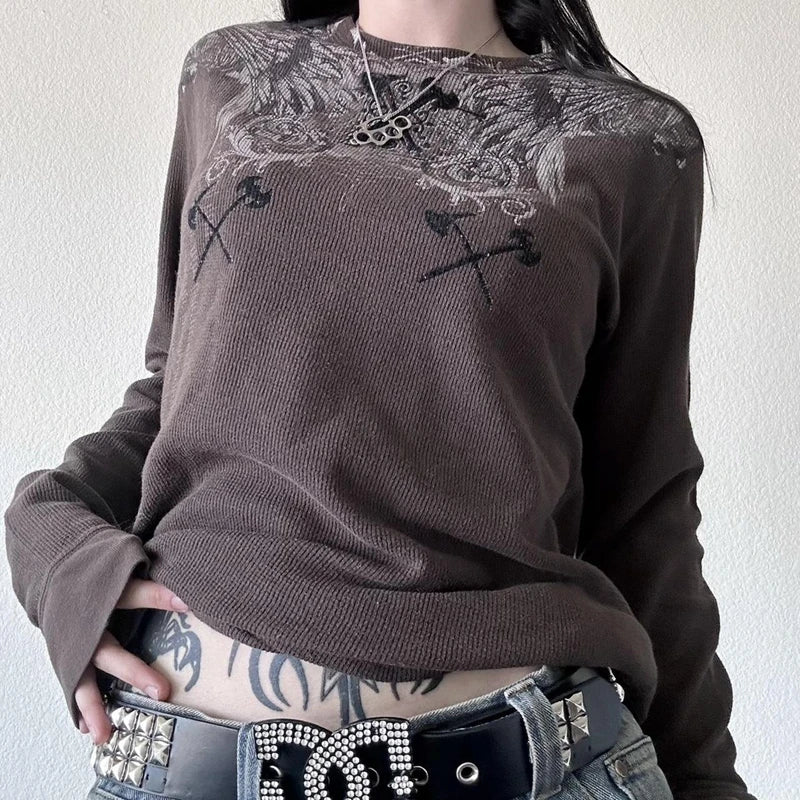 Y2K Grunge Skull Thermal Tee