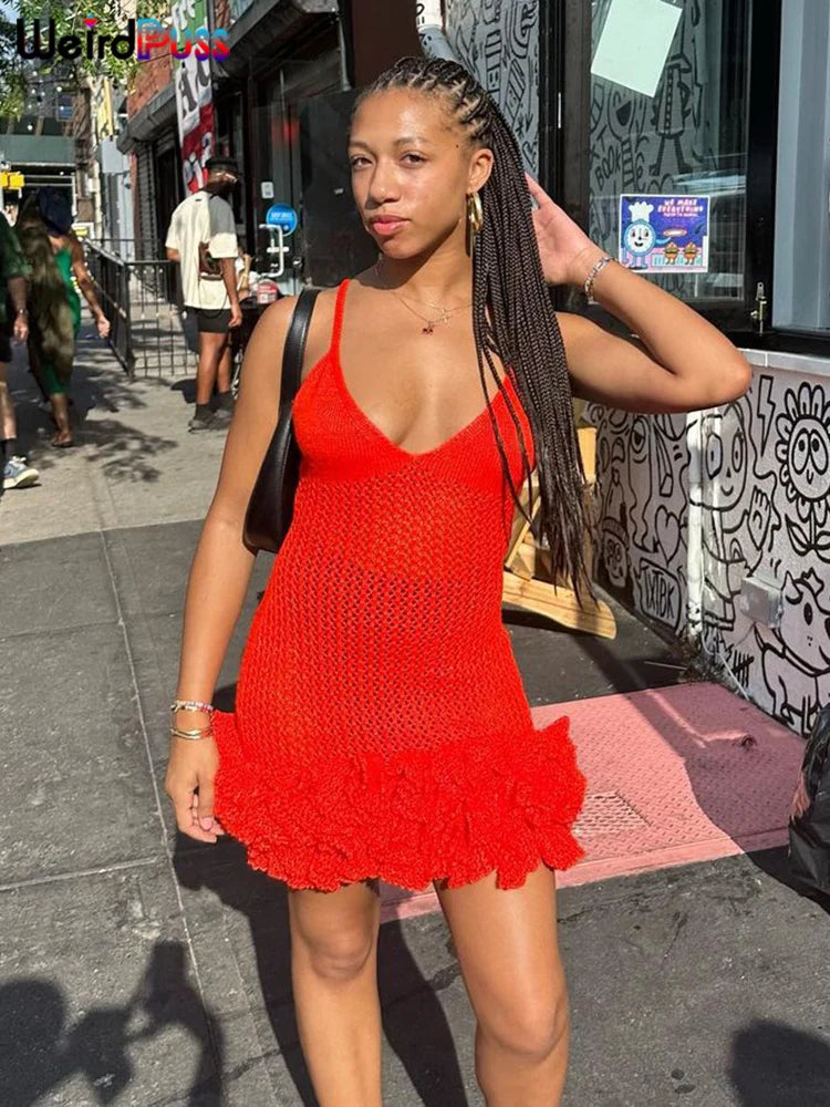 Weird Puss Knit Women Dress Sexy Hipster See Through Pleated Hem Deep v-Neck Backless Sleeveless Cami Bodycon Midnight Clubwear 9