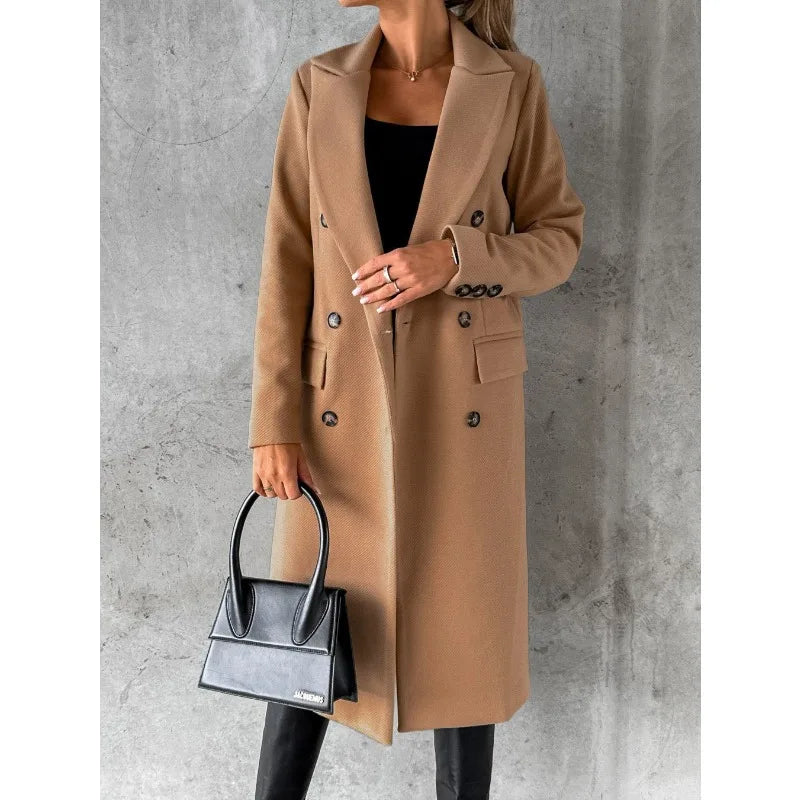 autumn and winter new foreign trade women's clothing long-sleeved lapel solid color double-breasted slim-fit coat