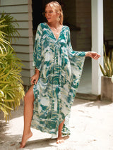 Loose Floral Pleated Kaftan Dresses for Women Wave Neck Swimsuit Cover Up Caftan