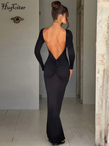 Elegant Long Sleeve Backless Solid Cuched Sexy Bodycon Maxi Prom Dress