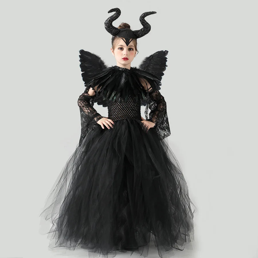 2024 New Maleficent Halloween Costume Maleficent Tulle Dress for Girls Cosplay Evil Queen Black Mesh Princess Dress Kids 3