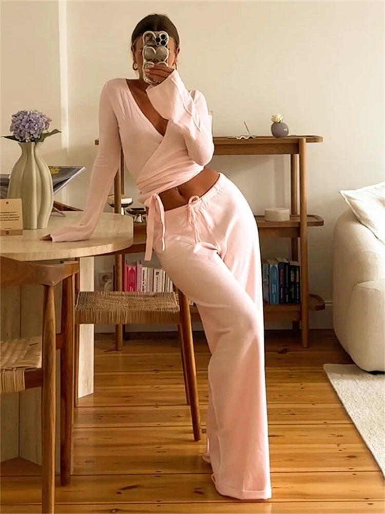 Absobe Autumn Winter Loose Pants Leisure Suit Women Flare Sleeve Crop Cardigan Top Lace-up Solid 2 Piece Set Fashion Outfit 6