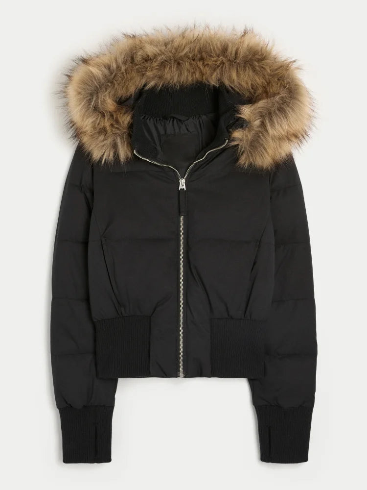 Full Winter Faux Fur Collar Hooded Jacket For Women Slim Waist Solid Crop Warm Padded Coat 2025 High Street New Lady Outwears 6