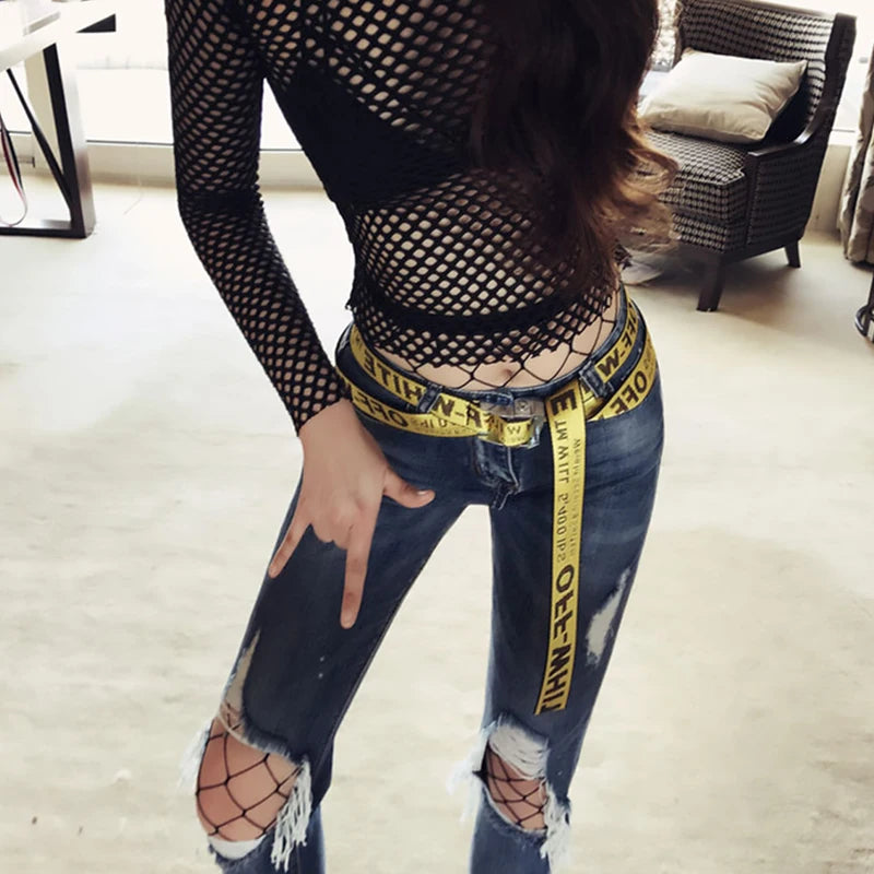 Sexy T-shirt for Women Goth Black Skinny Mesh See Through Long Sleeve Tees Pullover Crop Top Gothic Turtleneck Streetwear 6
