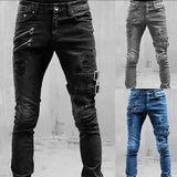 New Jeans Men's Fashion Belt Buckle Hole Streetwear Jeans | Moto Biker Skinny Denim Pants