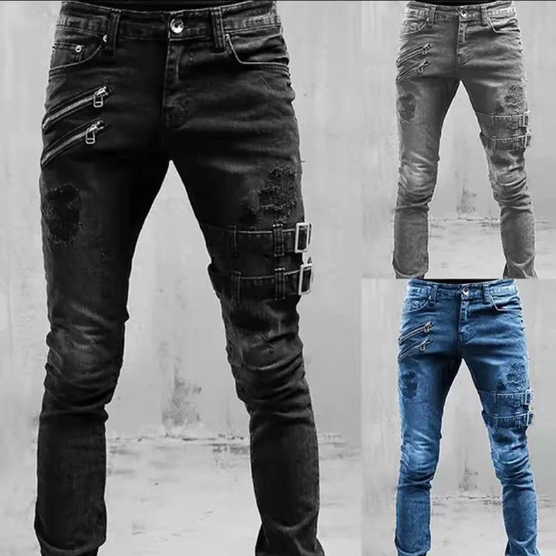 New Jeans Men's Fashion Belt Buckle Hole Streetwear Jeans | Moto Biker Skinny Denim Pants