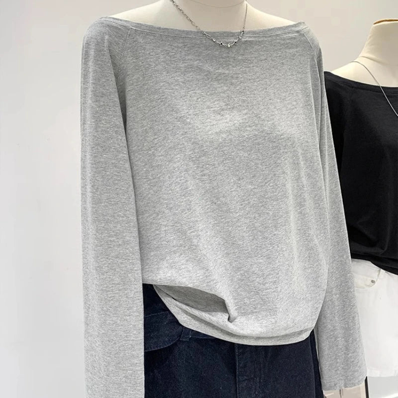 Autumn Winter One Shoulder Cotton Long Sleeve Slant Shoulder Women's Clothing Style Interior Wide Truffle Shoulder Base Shirt 4