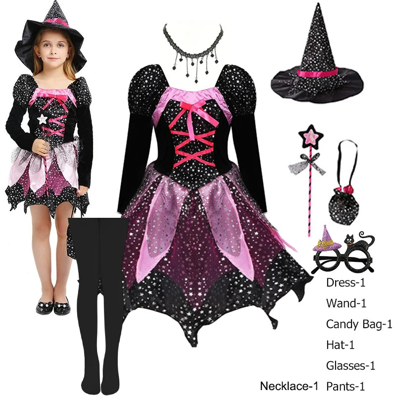 4 Pieces Witch Clothing Set Dress+Hat+Wand+Bag Girls Halloween Wizard Costume 2024 Kid Make up Party Hag Witch Apparel Vestidos