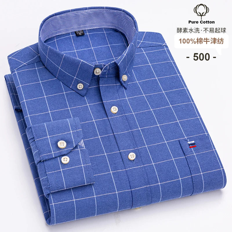 100-Cotton-Oxford-Men-s-Shirts-Long-Sleeves-Plaid-Soft-Regular-Fit-Formal-Dress-Shirt-Pocket