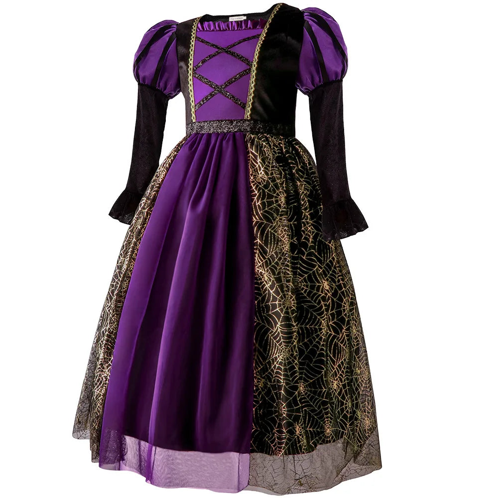 2025 Halloween Easter Festive Party Girl Cosplay Classic Witch Purple Print Long Sleeve Dress Evil Horror Set Baby Birthday Gift 3