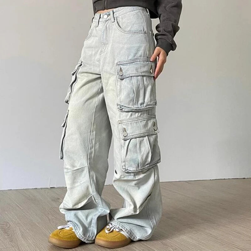 Autumn Winter New Ladies Cargo Jeans American Street Style Baggy Cargo Pants Women Blue Multi-pocket Wide Leg Jeans for Women 5