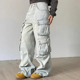 Autumn Winter New Ladies Cargo Jeans American Street Style Baggy Cargo Pants Women Blue Multi-pocket Wide Leg Jeans for Women 5
