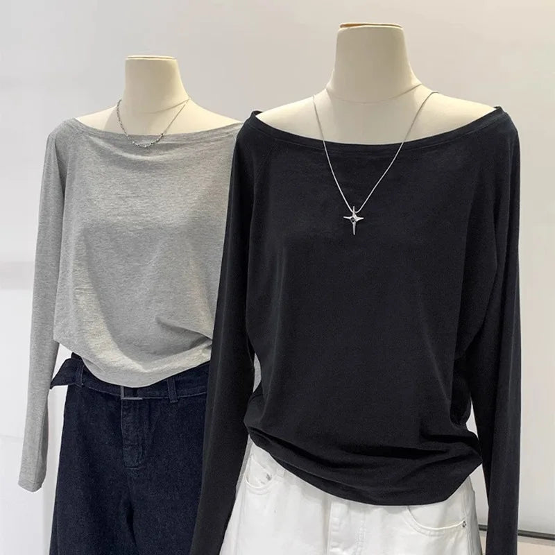 Autumn Winter One Shoulder Cotton Long Sleeve Slant Shoulder Women's Clothing Style Interior Wide Truffle Shoulder Base Shirt 3