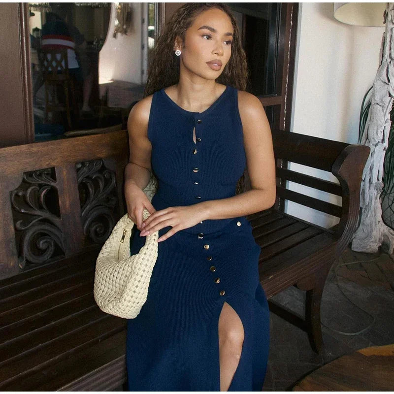 2024-Summer-Elegant-Lady-Knitted-Single-Breasted-Long-Dresses-Women-Solid-Sleeveless-O-Neck-Button-Bodycon