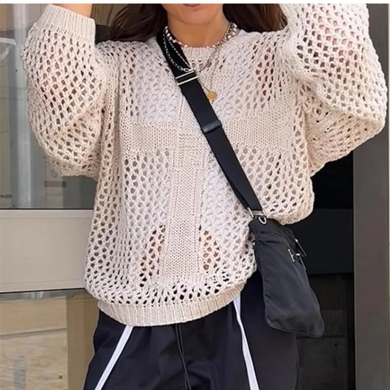 Round neck cross hollow long-sleeved blouse loose summer see-through retro sexy top beach knitwear 4