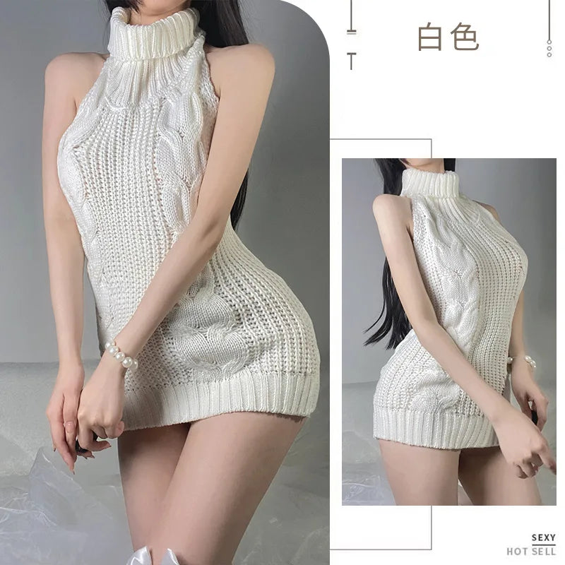 Lingerie Women's Sexy Hollow Out Mature Bvold Deep V High Neck Knitted Short Sweater Open Back Open Chest Temptation Dress T39G 7