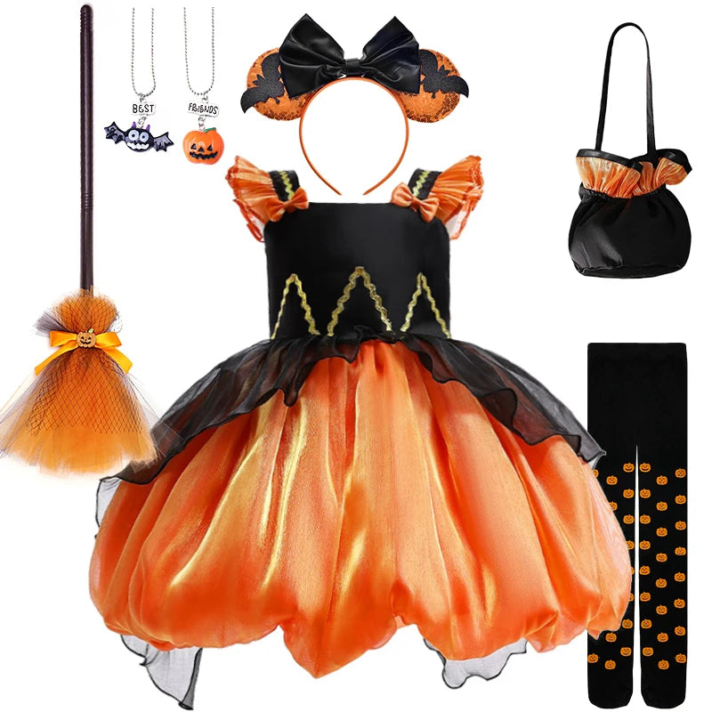 Girls' Halloween Pumpkin Witch Princess Dress