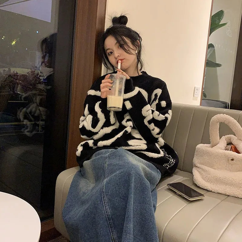2022 New Arrival Autumn Winter Korean Style Women Casual Loose O-neck Cartoon Pullover All-matched Long Sleeve Sweater P325 4
