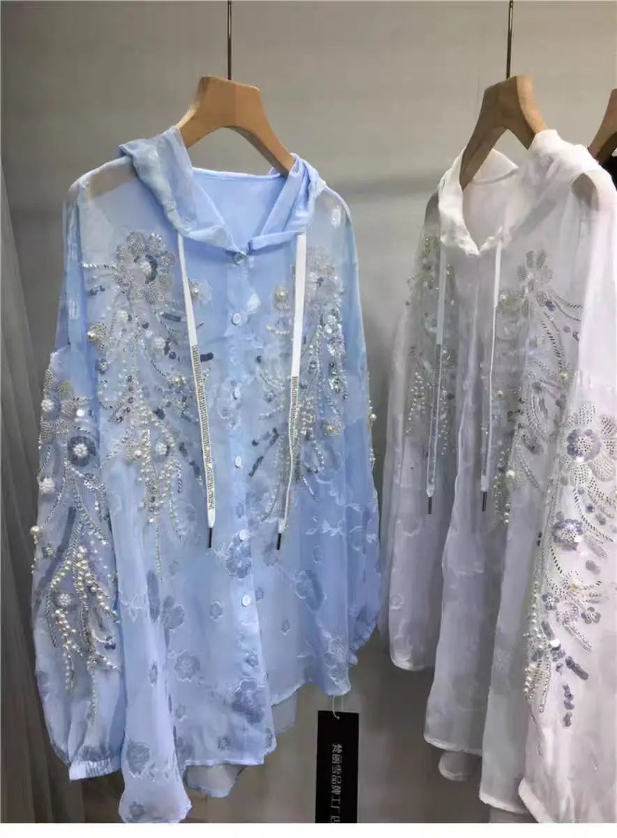 New In Sparkle Pearls Diamonds Embroidery Hooded Shirts Blouses For Women's Long Sleeve  Loose Casual Sunscreen Tops Blusas