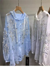 New In Sparkle Pearls Diamonds Embroidery Hooded Shirts Blouses For Women's Long Sleeve  Loose Casual Sunscreen Tops Blusas