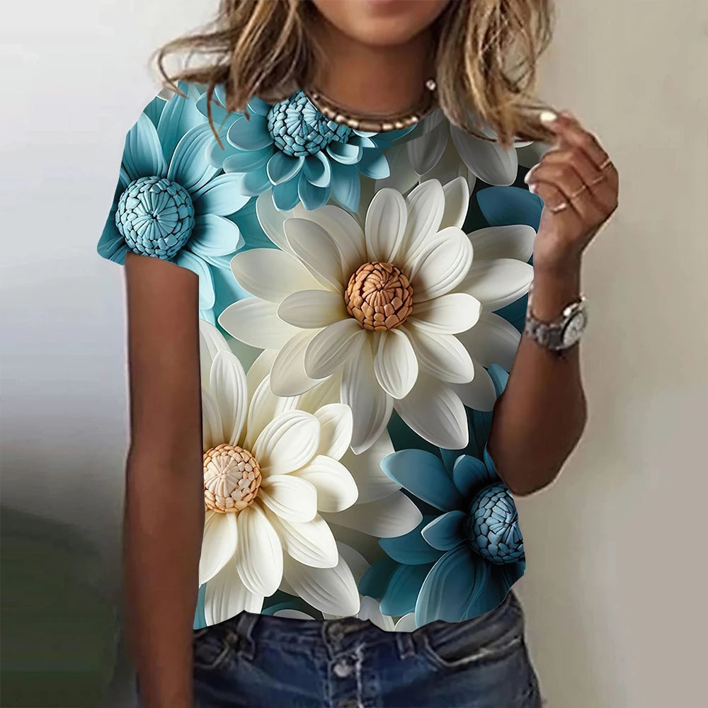 3D Floral Print Summer Tee