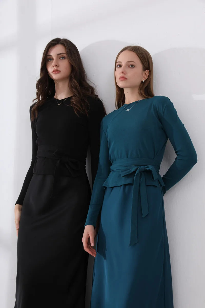 woman clothes thicken ribbing closed-fit wrap tops + Satin Adjustable straps dress 6