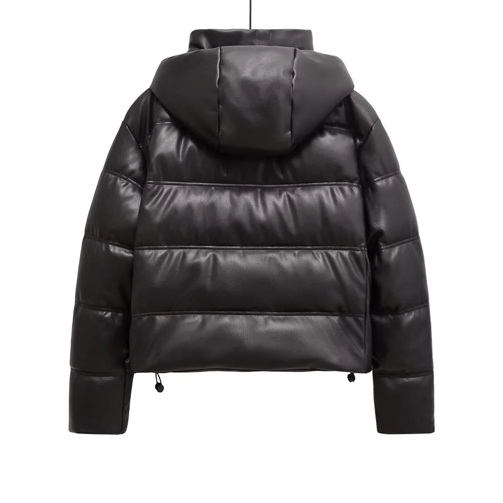 Zach Ailsa women's simple faux leather hooded warm thick cotton clothing autumn and winter new long sleeved jacket jacket 2
