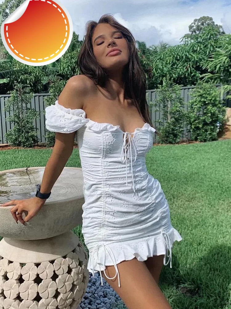 Lace Up Embriodery White Mini Dress