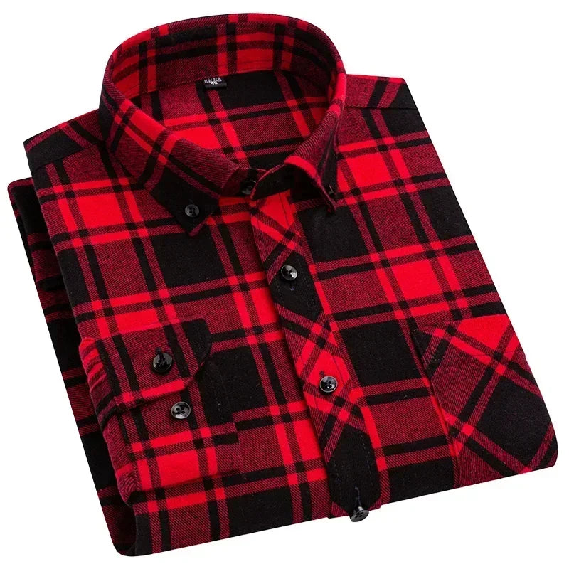 Autumn Thick Flannel Shirt Plaid Shirts Standard-Fit For Men Long Sleeve Pure Cotton Fashion Single Patch Pocket Design Young 5
