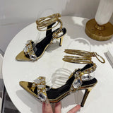 Glamorous Gold Ankle Strap Sandals for Women | Crystal Embellished Party Heels