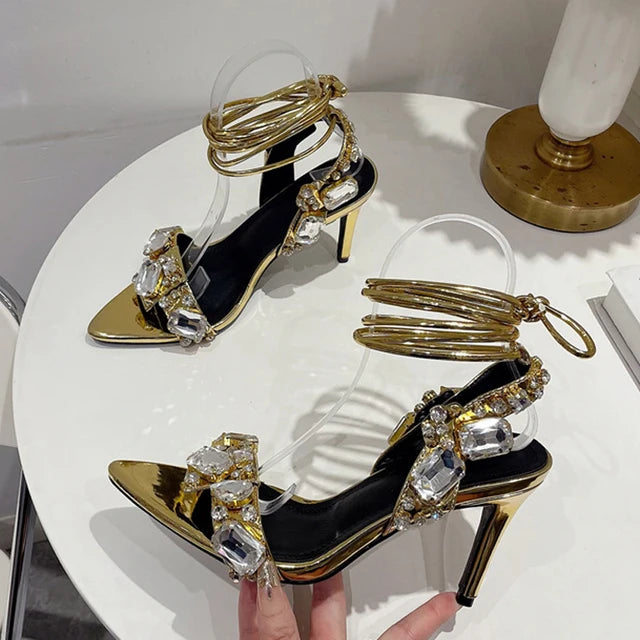 Glamorous Gold Ankle Strap Sandals for Women | Crystal Embellished Party Heels