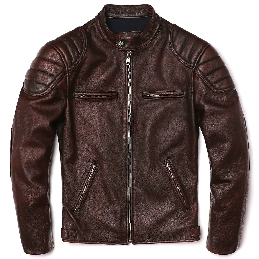 2025 Vintage Brown Genuine Leather Jacket Real Natural Cowhide Men Motorcycle Biker Coat Mens Slim Calf Skin Coat 2