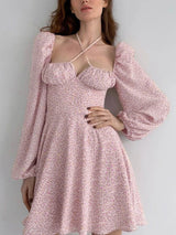 NewAsia Floral Dress Women Lantern Long Sleeve Ruched Print A Line Square Neck Tie up Mini Vestidos Sexy Chic Summer Beach Dress 10