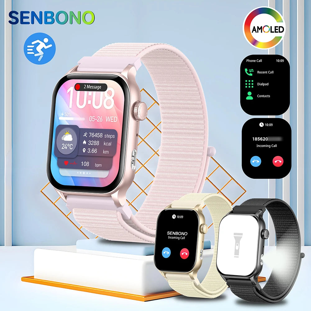 AMOLED Smart Watch Bluetooth Call LED Flashlight 100+ Sport Mode DIY Dial Custom Camera Control Smartwatch for Men Women