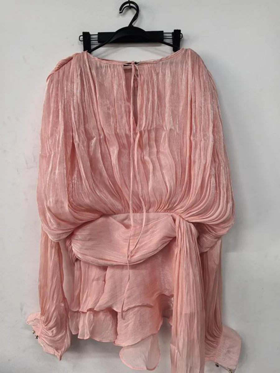 GALCAUR Solid Loose Splicd Lace Up Dresses For Women V Neck Long Sleeves Patchwork Ruffles Tunic Dreses Female Fashio New