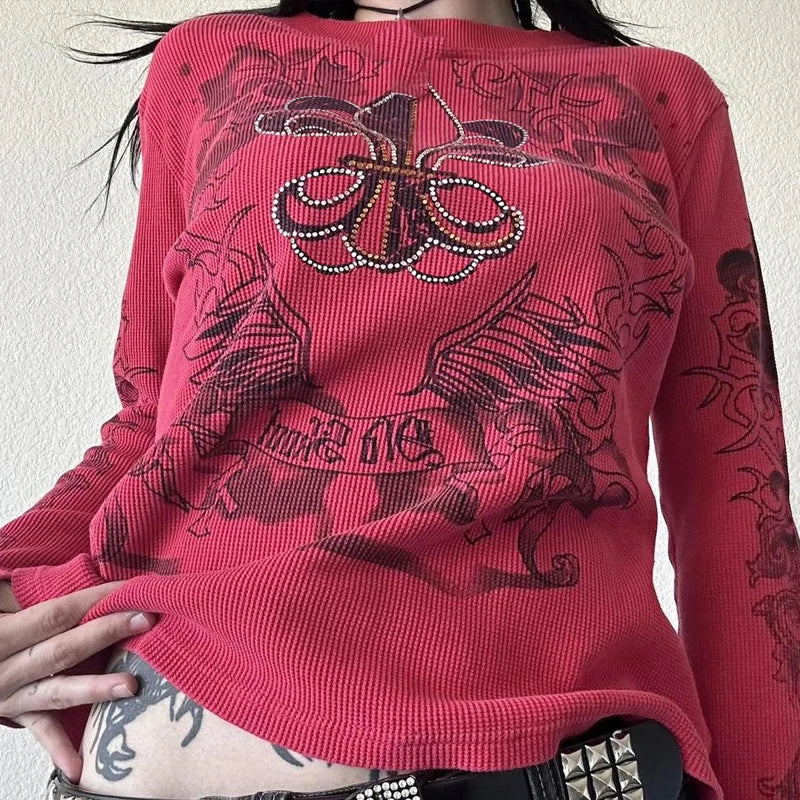 Y2K Grunge Skull Thermal Tee