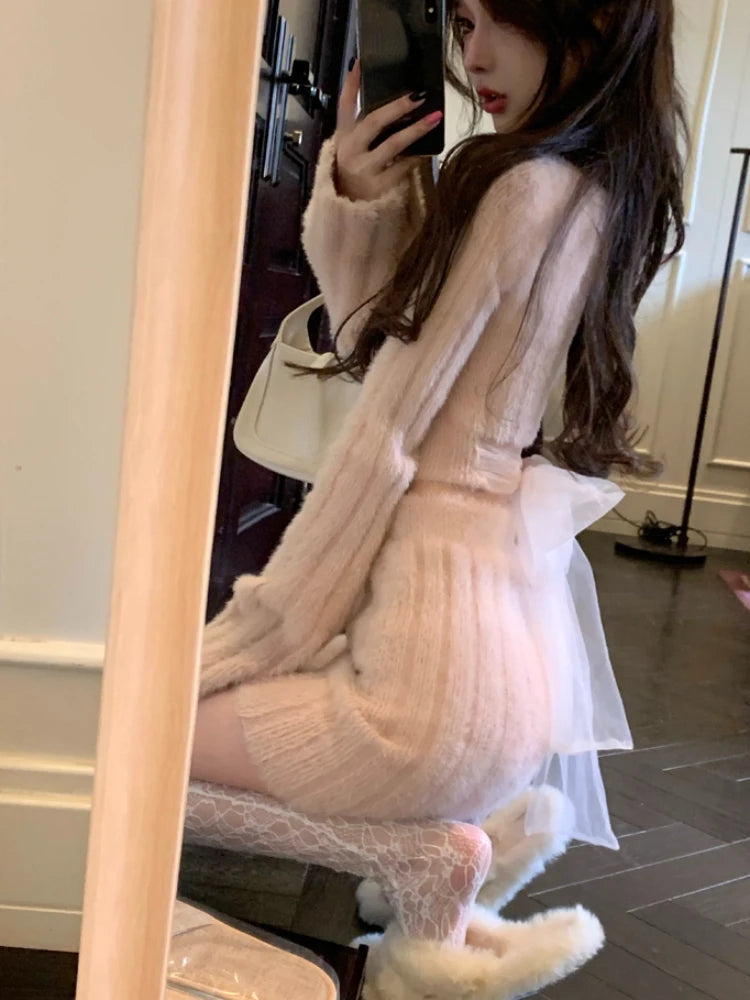 Autumn Sweater Knitted Suits Female Elegant 2 Piece Skirt Sets Korean Fashion Even Party Y2k Mini Dress Office Lady Short Skirts 5