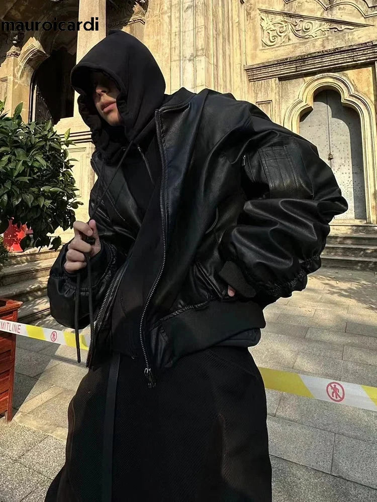 Mauroicardi Autumn Winter Oversized Cool Black Thickened Warm Pu Leather Bomber Jacket Men Hood Luxury Designer Fake 2 Clothes 3