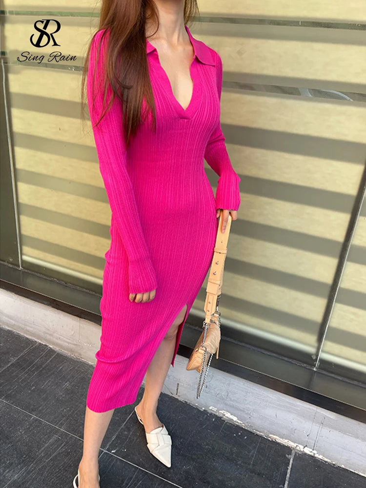SINGREINY Women Korean Knitted Dress Long Sleeve V Neck Elastic Slim Pencil Dresses 2021 Autumn Sexy Bodycon Split Sweater Dress 3