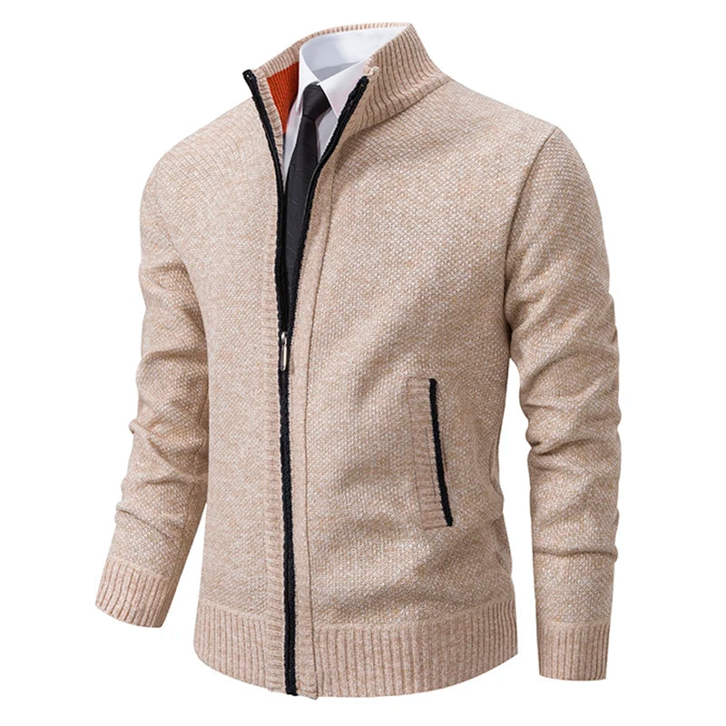 Autumn And Winter New Jersey Men's Casual Sports Coat Solid Color Stand Collar Wweater Grab Fleece Warm Zipper Cardigan 3