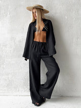 Bornladies Cotton Casual Pants Sets Women's Solid Color Cozy Lapel Long Sleeve Shirt Summer Outfit Elastic Waist Pants Suits 5