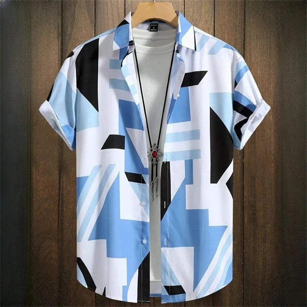 3D Printed Men's Lapel Shirt - Geometric Design, Short Sleeve Hawaiian Style