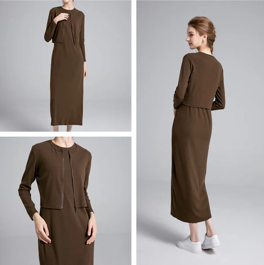 woman clothes zipper cardigan Maxi Length long dress nature fiber brand ribbing fabric clothing 5